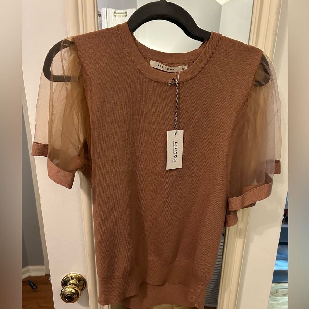 NWT Large camel brown blouse with sheer sleeves